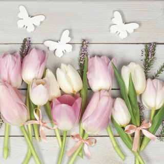 Χαρτοπετσέτες για ντεκουπάζ  White & Pink Tulips on Wood  - 1 τεμάχιο